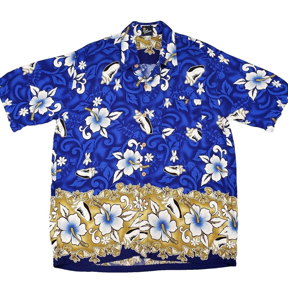 Royal Creations Mens Hawaiian Shirt Large Blue Made In Hawaii Floral‎ Aloha